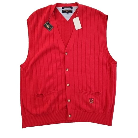 Tommy Hilfiger Sweater Men's XXLarge Red Button Up Sleeveless Vest NWT - Picture 1 of 14
